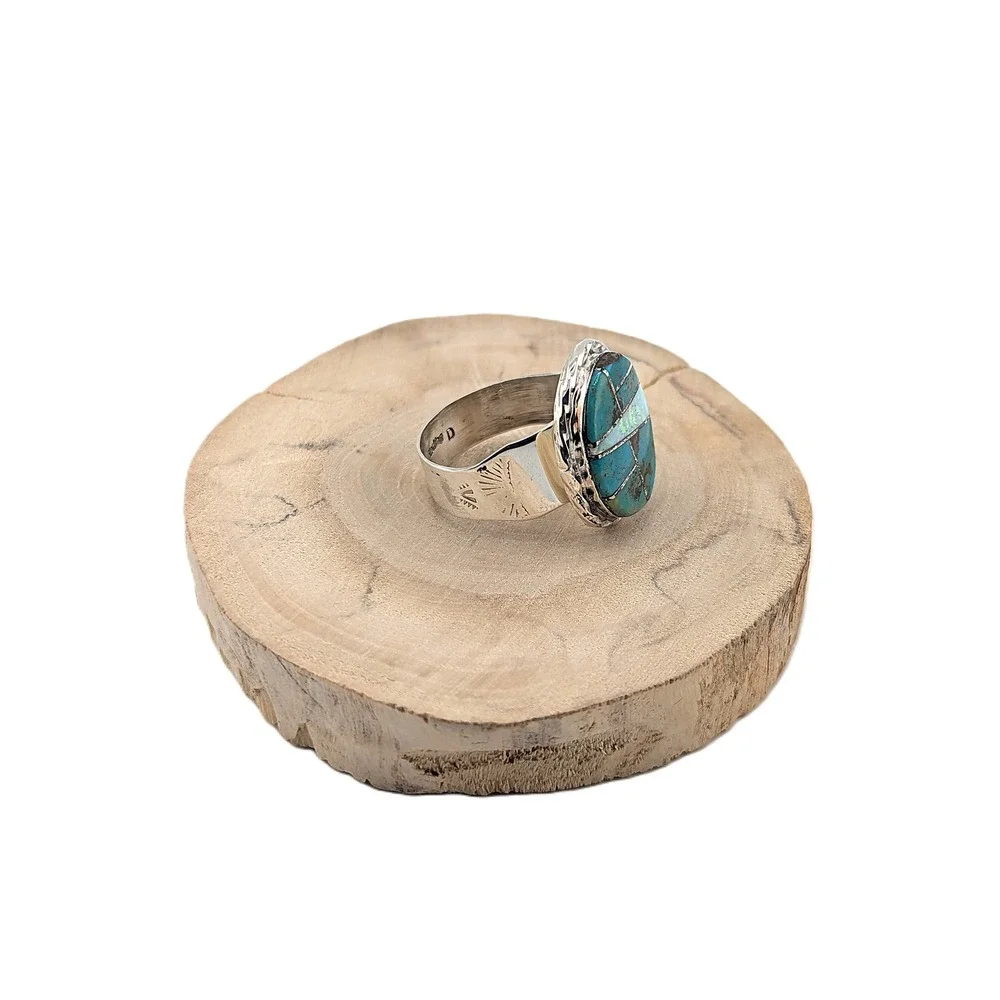 Handcrafted‎ Navajo Turquoise Opal Inlay Oval Tri-Cut Ring Signed NA Sz 9.5 US**